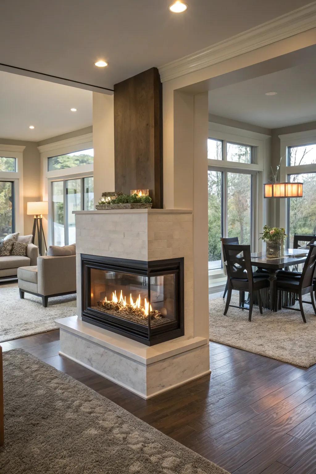 This double-sided fireplace effortlessly unites the living and dining spaces.