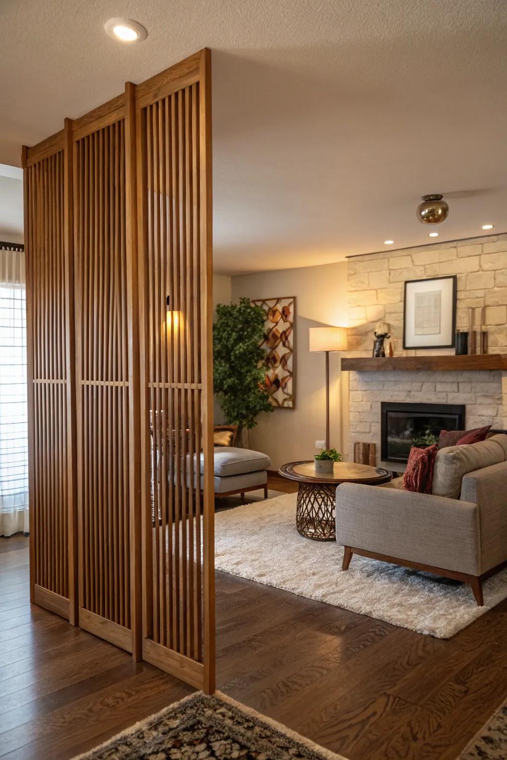 Wood slat dividers bring together warmth and modern design, creating a welcoming atmosphere.