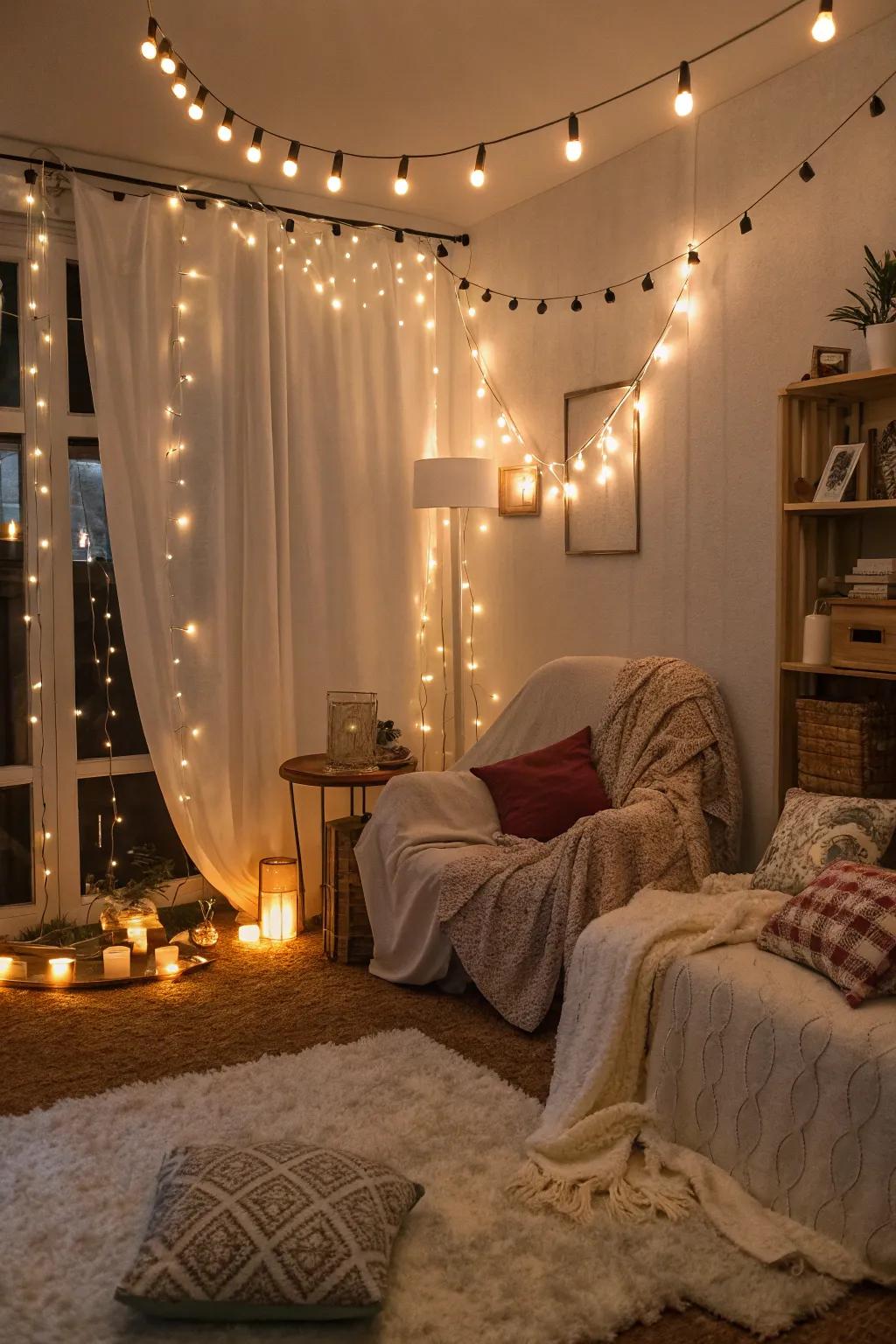 Twinkling lights imbue a sense of enchantment into this inviting space.