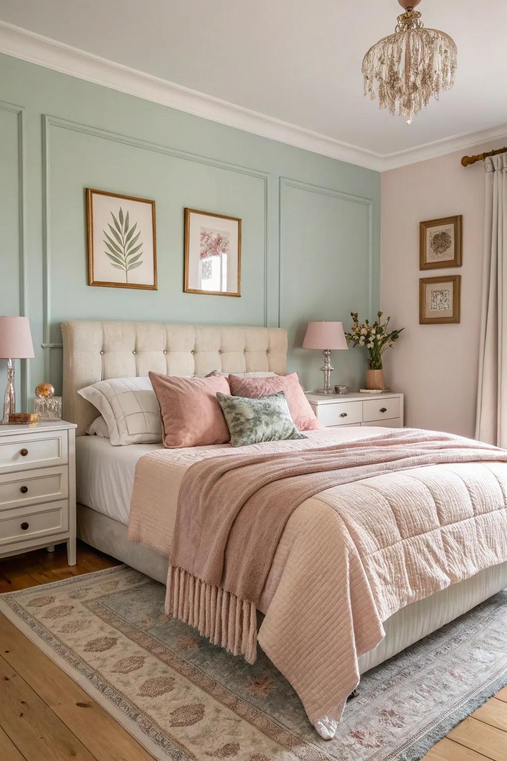 A serene bedroom highlighted by delicate pastel hues and comfortable textures.