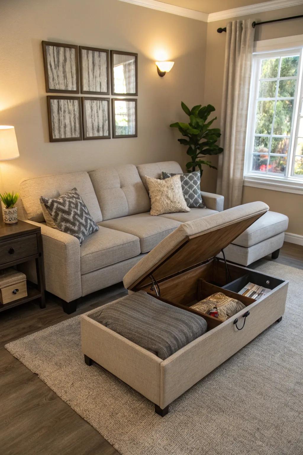 An elegant living space showcasing furniture with multiple functions, blending style and practicality.