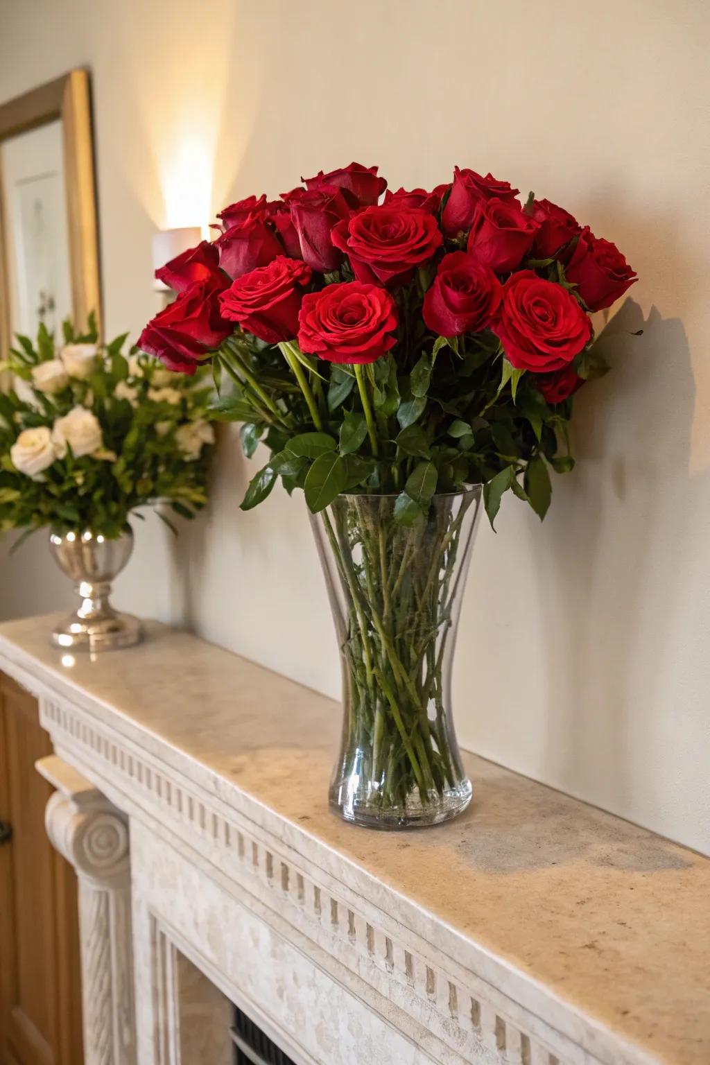 Eternal refinement featuring crimson roses inside a conventional glass pitcher.