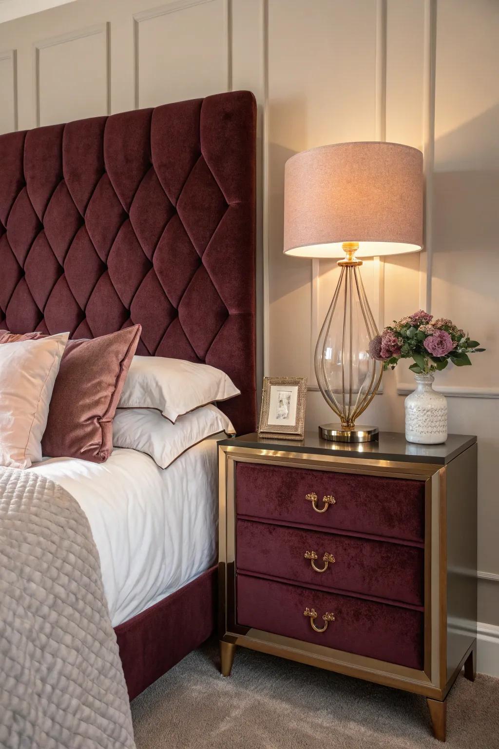 A deep wine-dark silken bedrest includes a lavish touch to this bedroom.