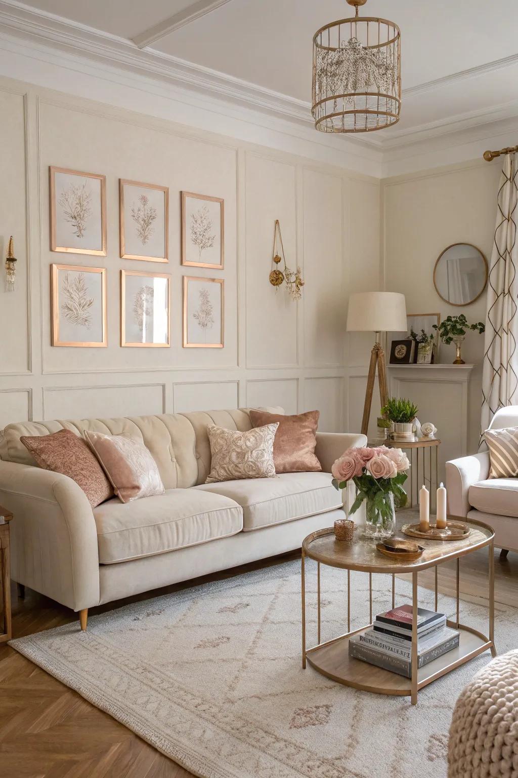 A subtle groundwork in the living space allows rose gold features to radiate.