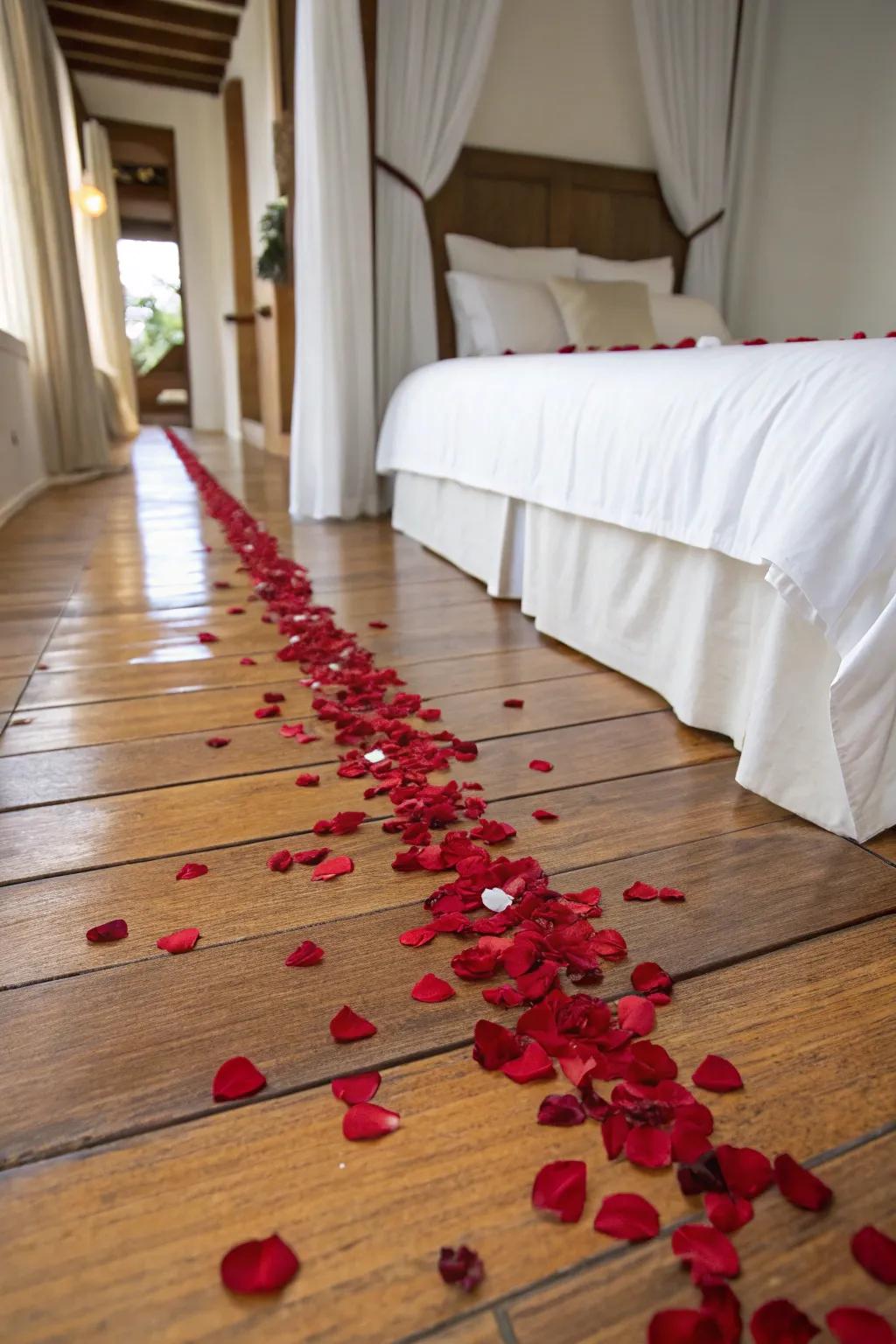 A traditional rose petal path leading to the bed.