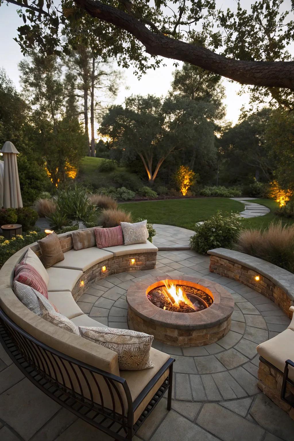 A delightful fire pit stands as the heart of this circular patio.