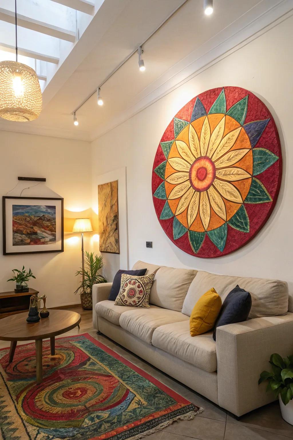 A living area showcases a striking, vibrant circular art piece as its primary point of focus.