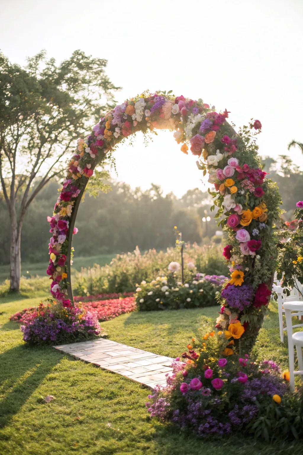 A circular wedding arch flourishing with colorful flowers.