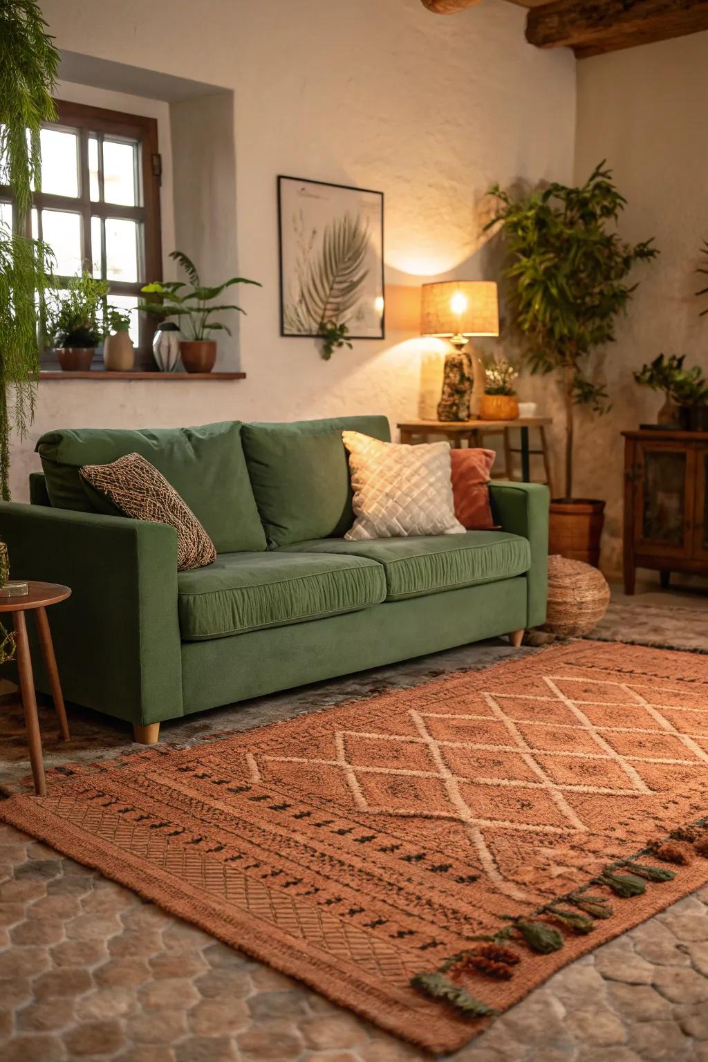 Natural shades can enhance the organic allure of a green couch.