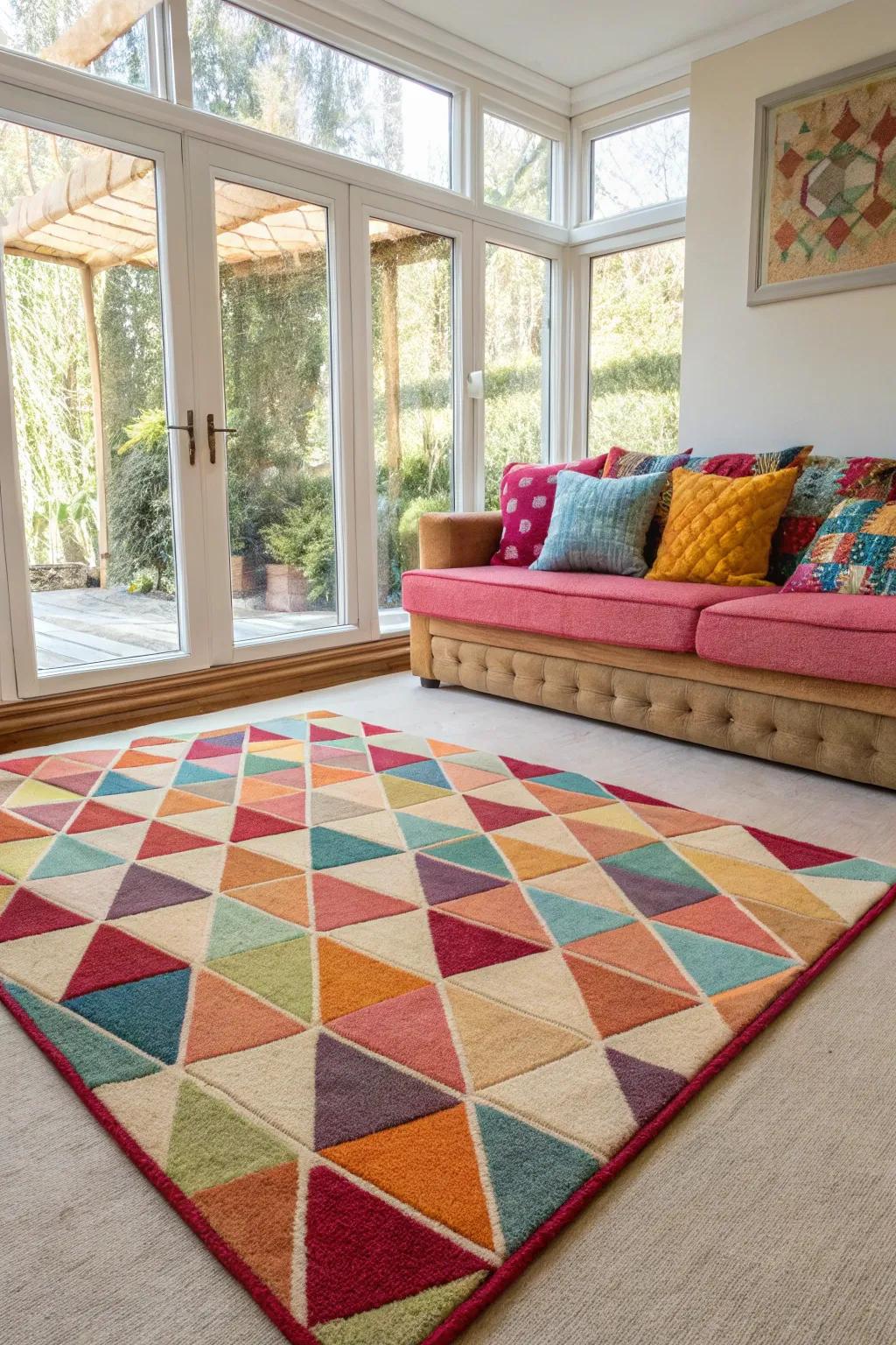 A geometric rug can introduce a lively twist to a room with neutral carpeting.
