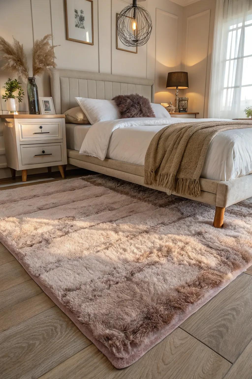A gentle rug introduces warmth and comfort to your bedroom haven.