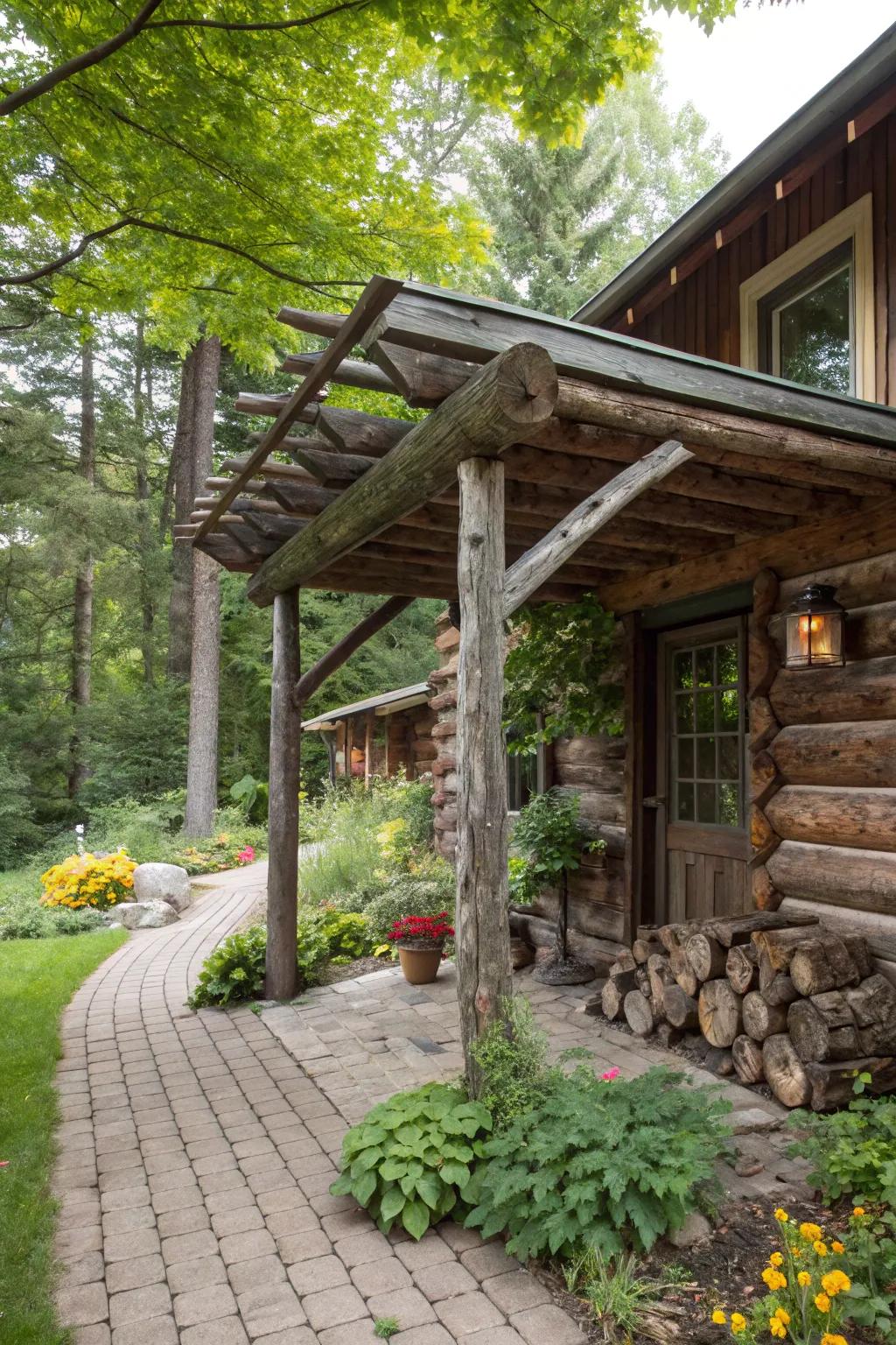A weathered timber shelter adds warmth and countryside appeal.