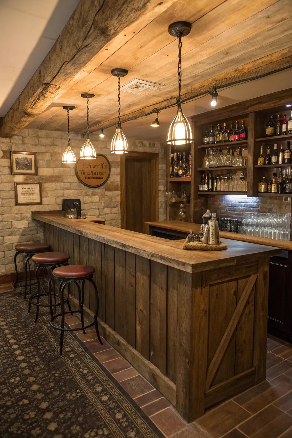 A counter surface fashioned from salvaged timber, radiating warmth and historical significance within the setting.