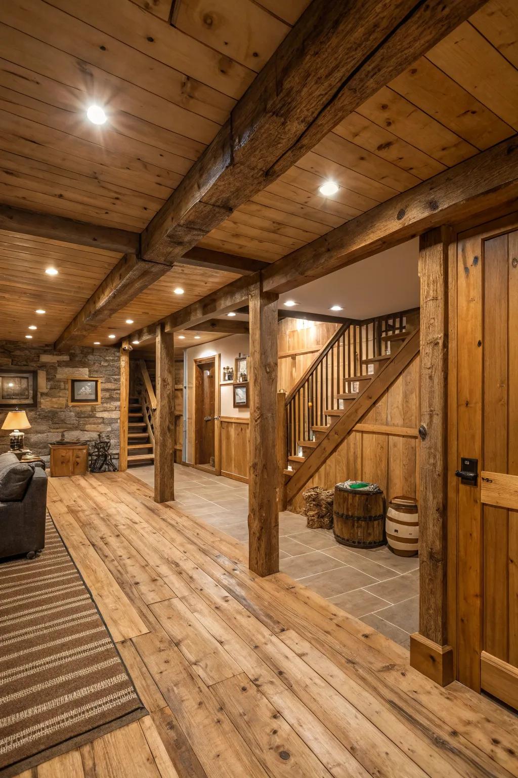 Exposed wooden beams enhance your basement's rustic appeal.