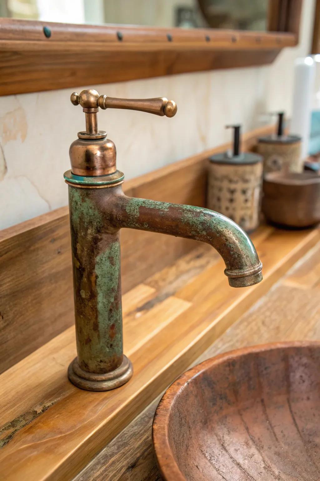 A copper spigot with a vintage finish enriches the space with warmth and uniqueness.