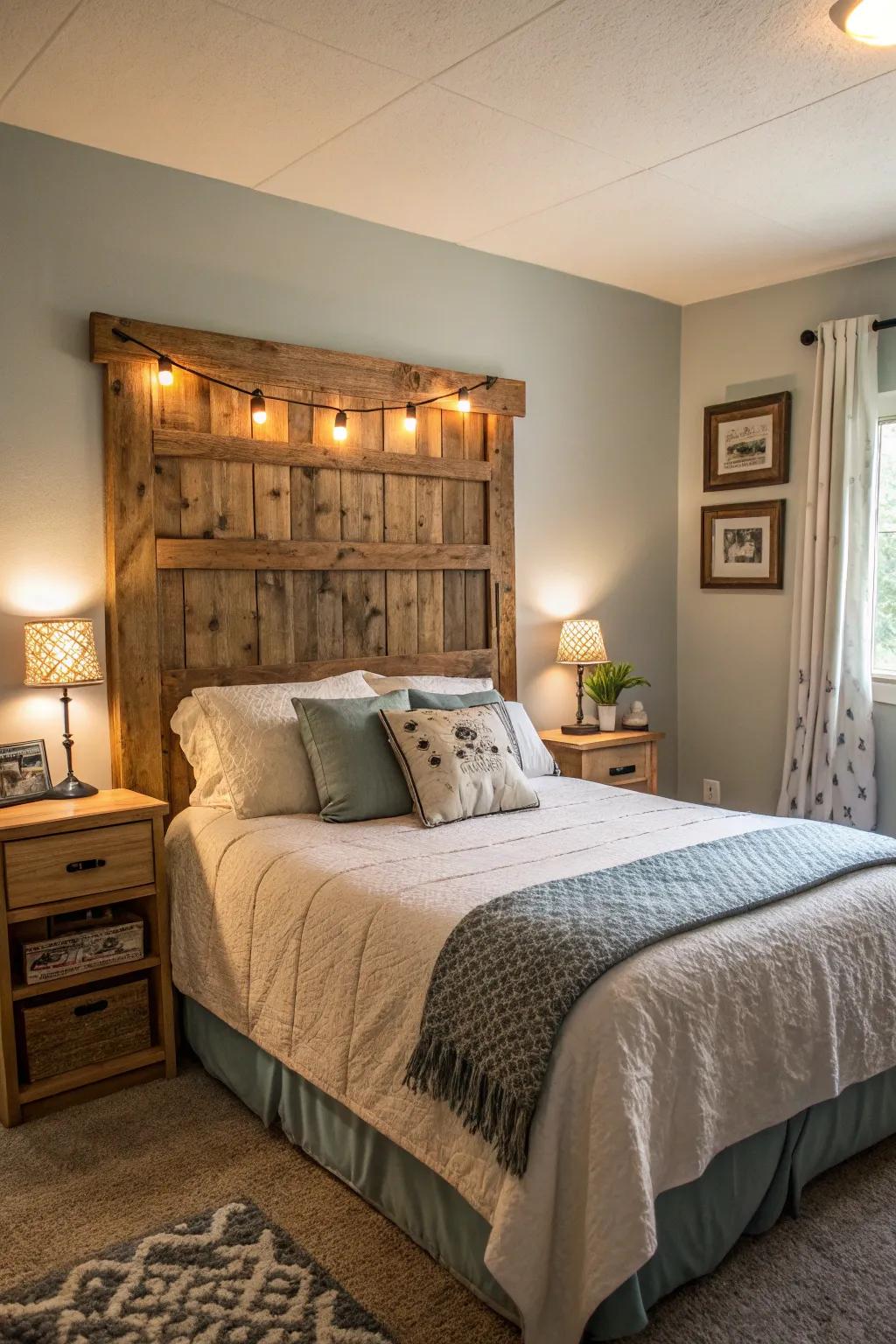 An upcycled timber headboard enhances character and country-style allure.