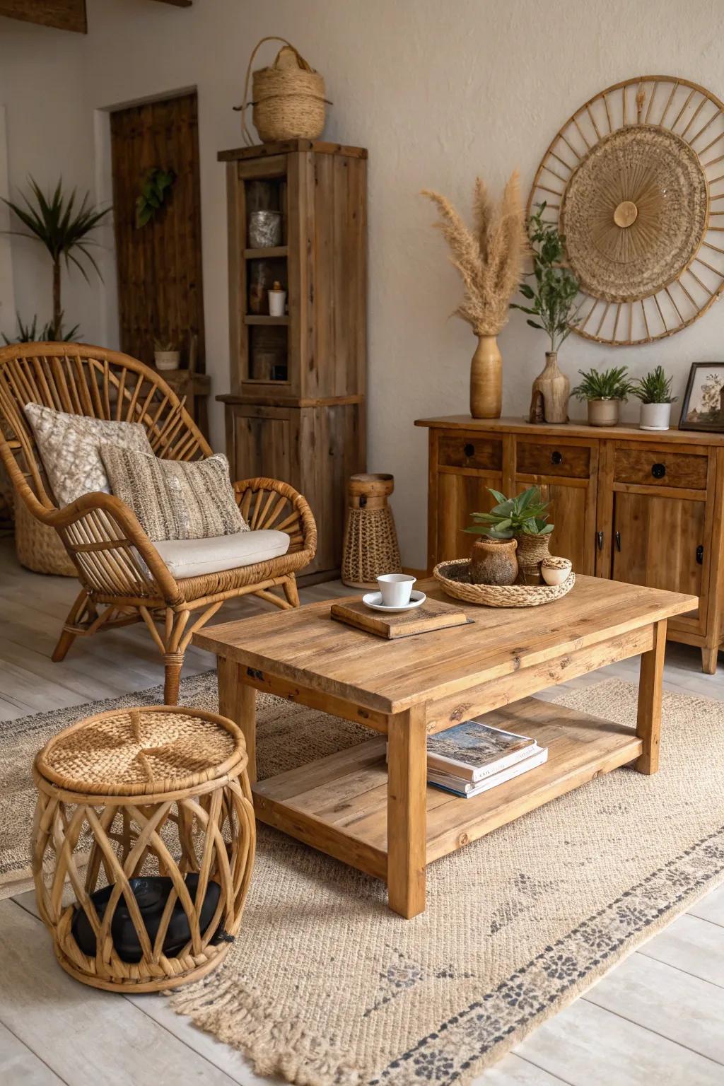 Authentic materials like wood and cane craft a toasty, organic ambiance.