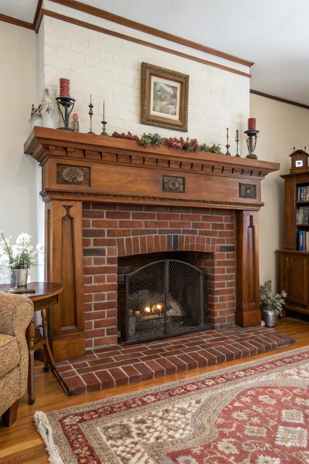 A classic red brick fireplace that exudes a sense of comfort and nostalgia.
