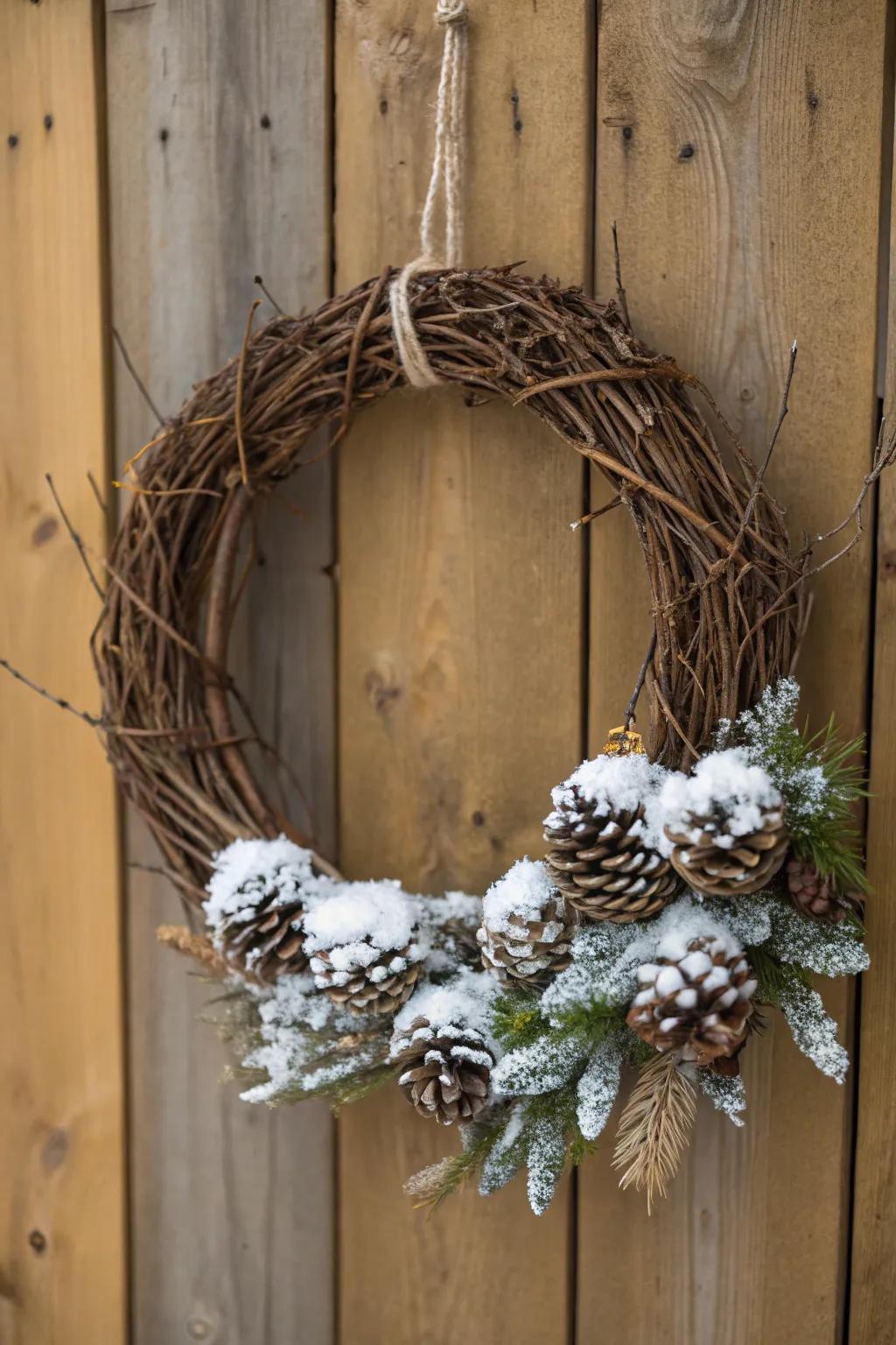 A grapevine wreath exquisitely adorned with snow-kissed pine cones.