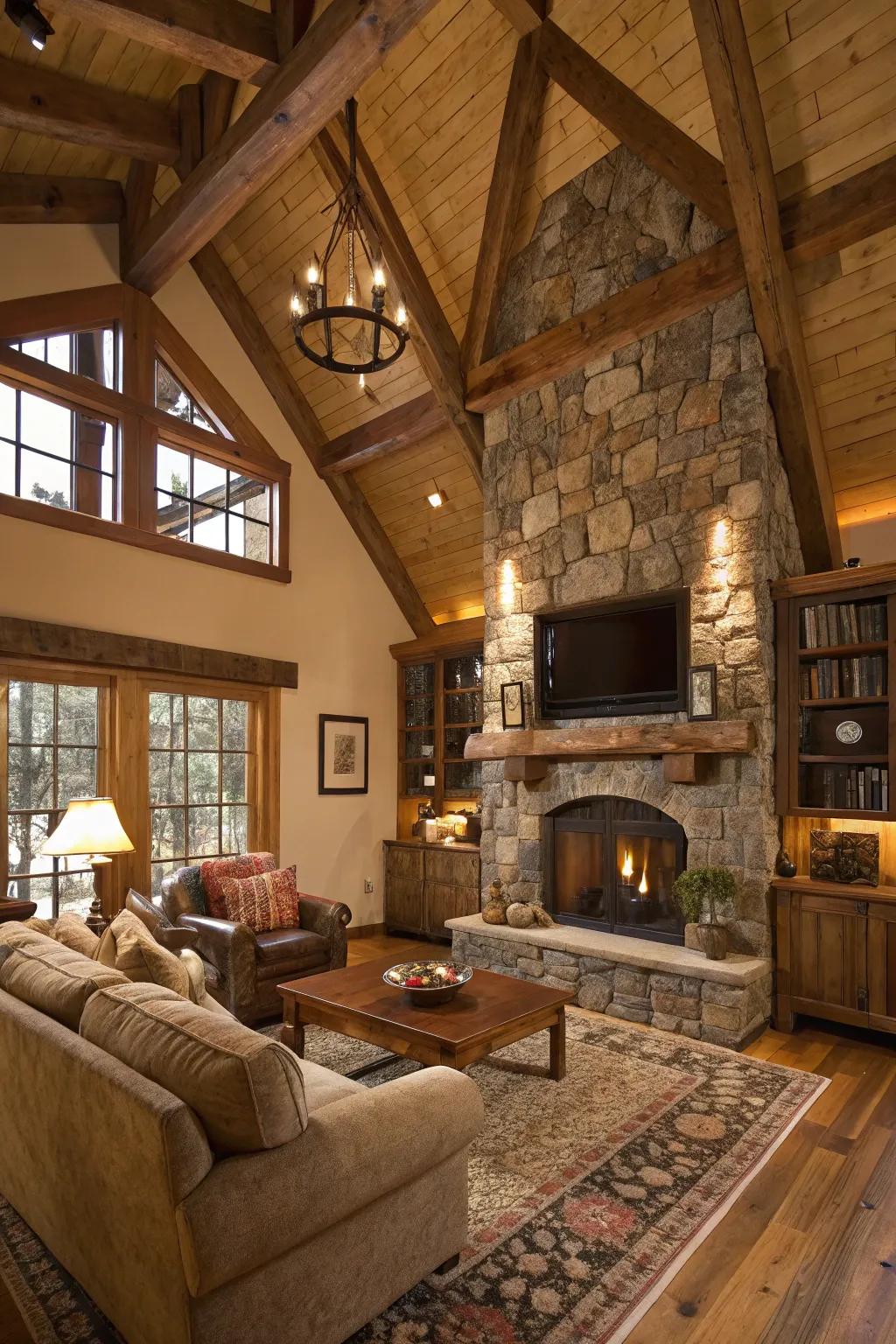 Country family space featuring natural timber supports and a rock hearth.
