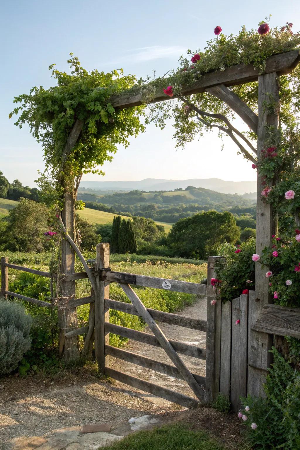 A classic timber gate embraced by flourishing verdure.