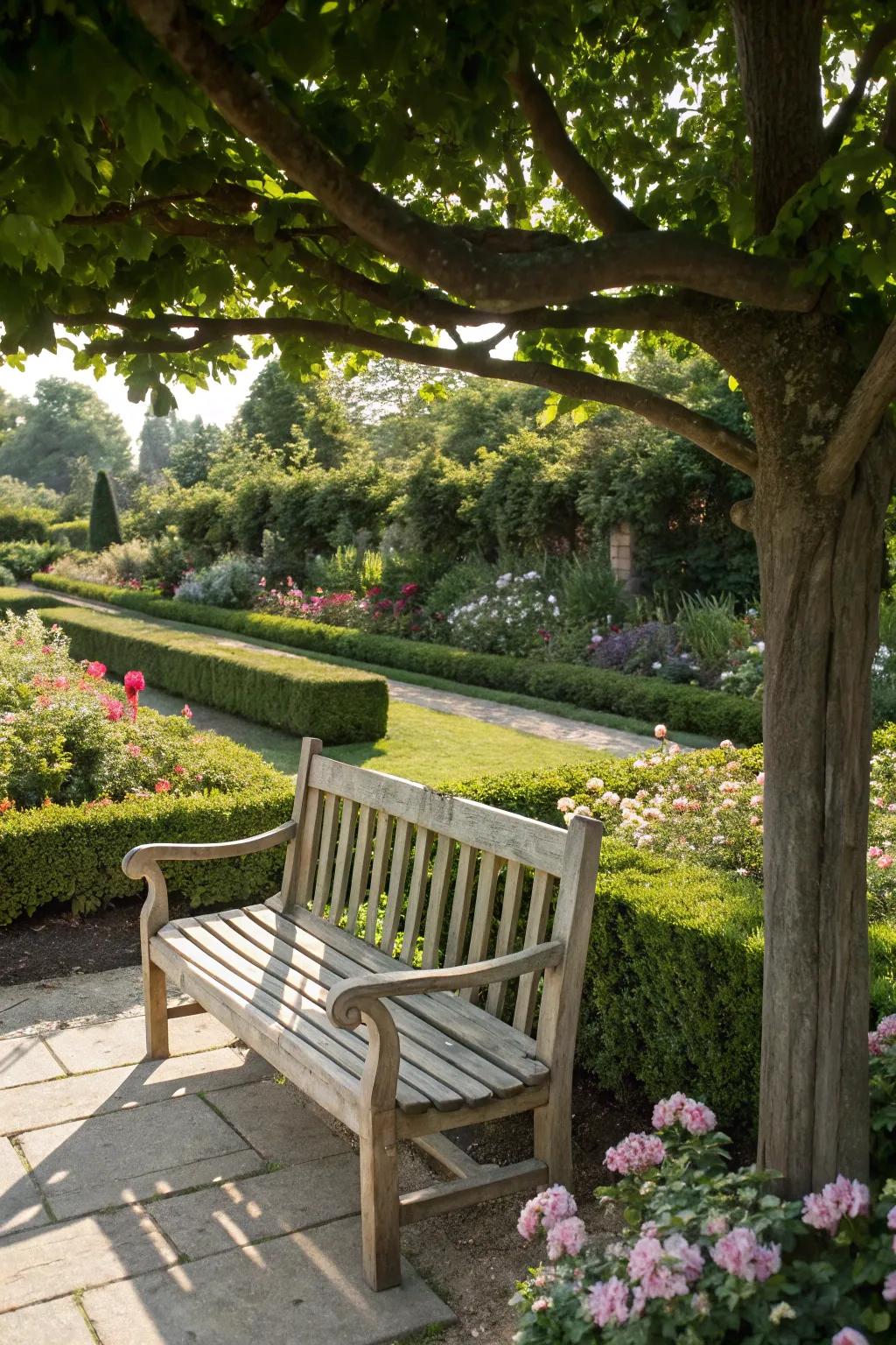 A traditional wooden bench highlighting the natural grain of the wood in a serene garden setting.