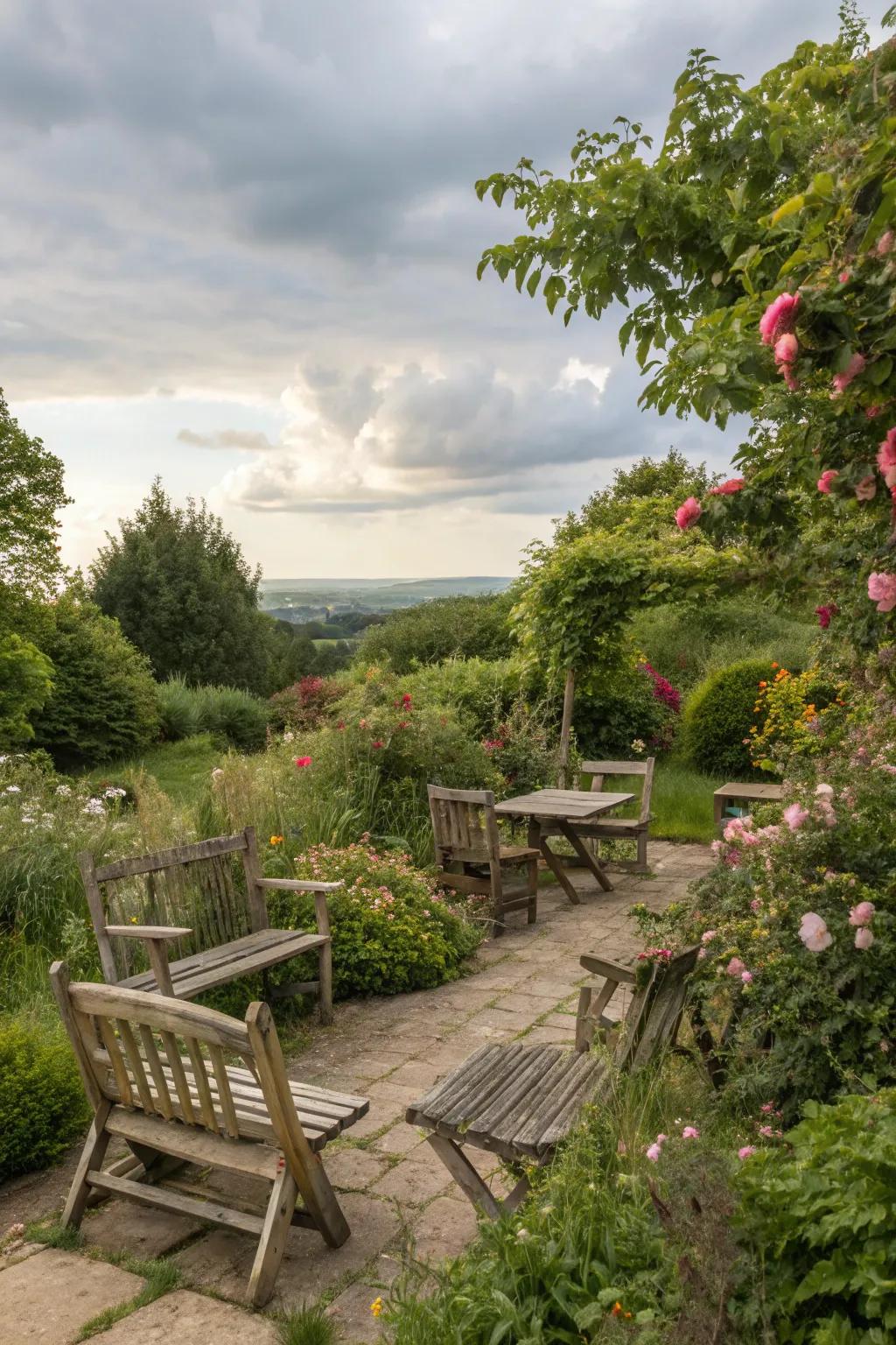 A snug seating arrangement nestled within a traditional garden ambiance.