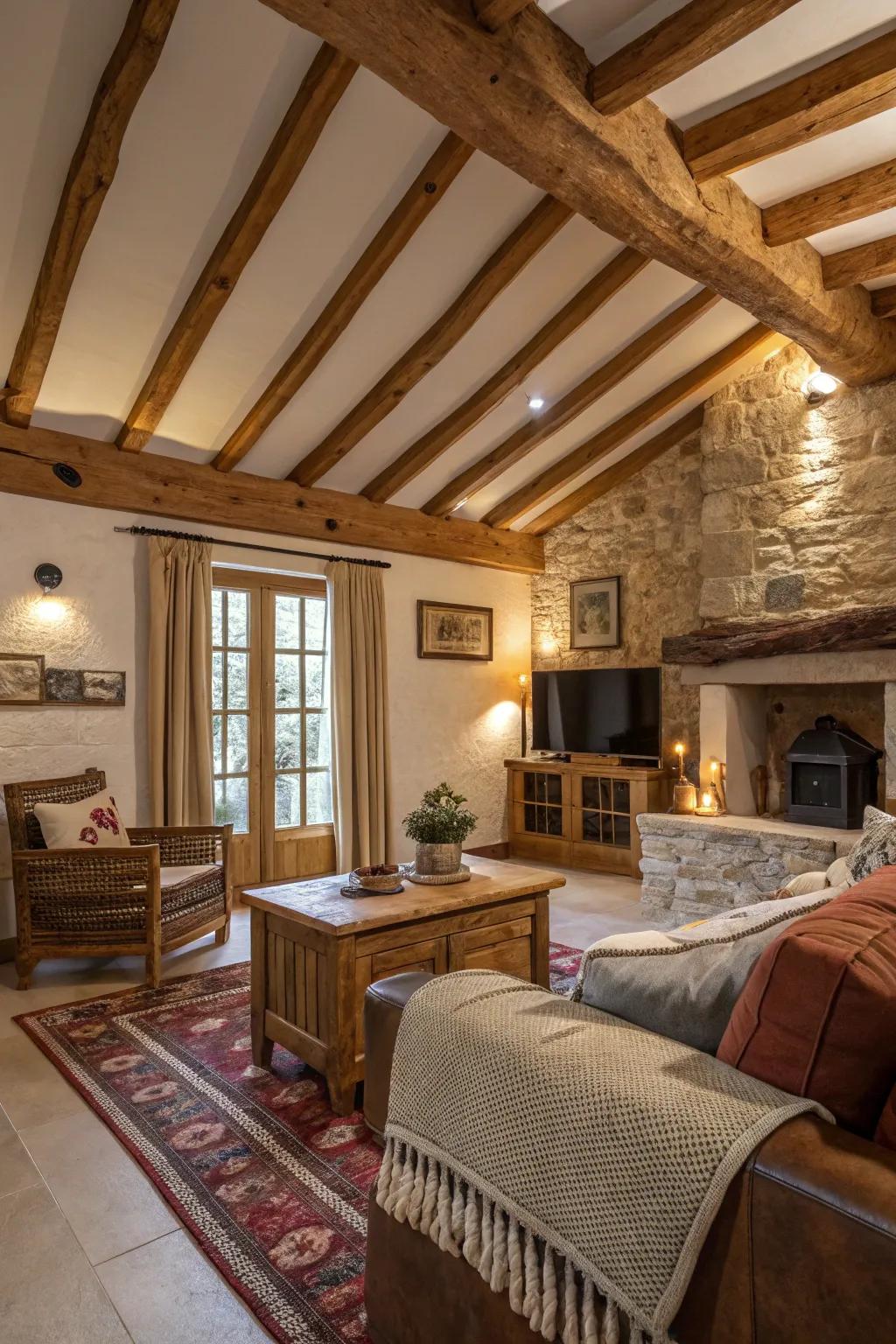 <strong><em>Exposed wooden beams</em></strong> grace a rustic living area.” loading=”lazy” class=”pimg”>
	</picture><figcaption><strong><em>Exposed wooden beams</em></strong> grace a rustic living area.</figcaption></figure>
<p>The allure of <strong><em>exposed wooden beams</em></strong> is unmatched in its ability to whisk you away to a countryside sanctuary. Within my residence, they serve as a captivating highlight, evoking feelings of warmth and agelessness.</p>
<h3>Products that could assist:</h3>
<ul class=