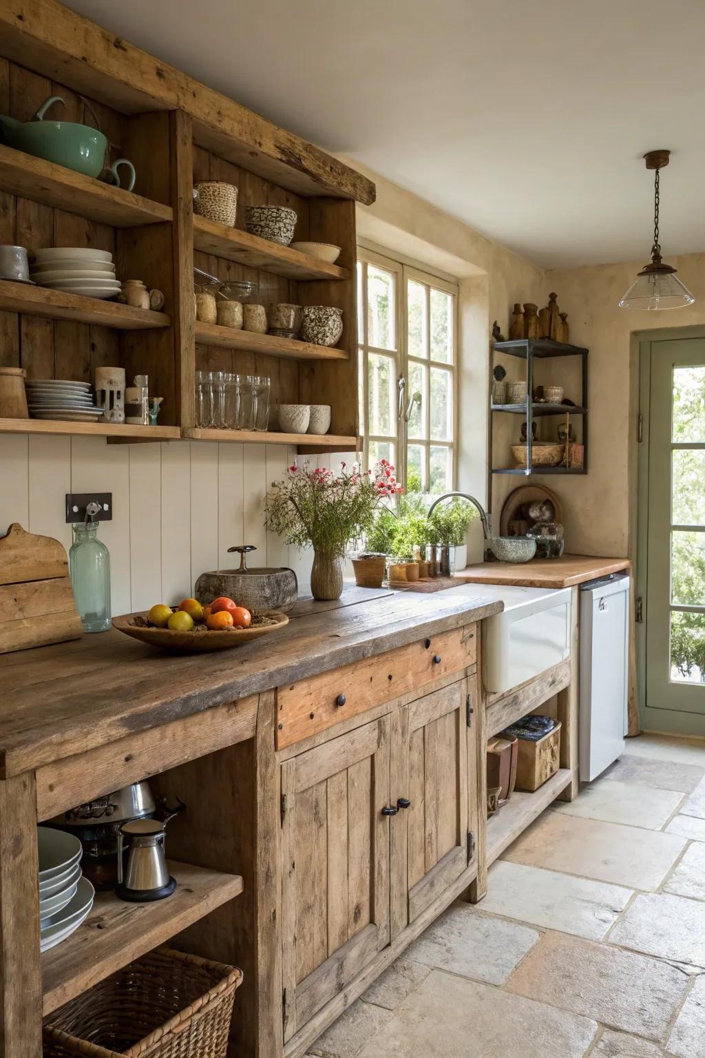 Recycled wood brings uniqueness and historical depth to any country-style cooking space.