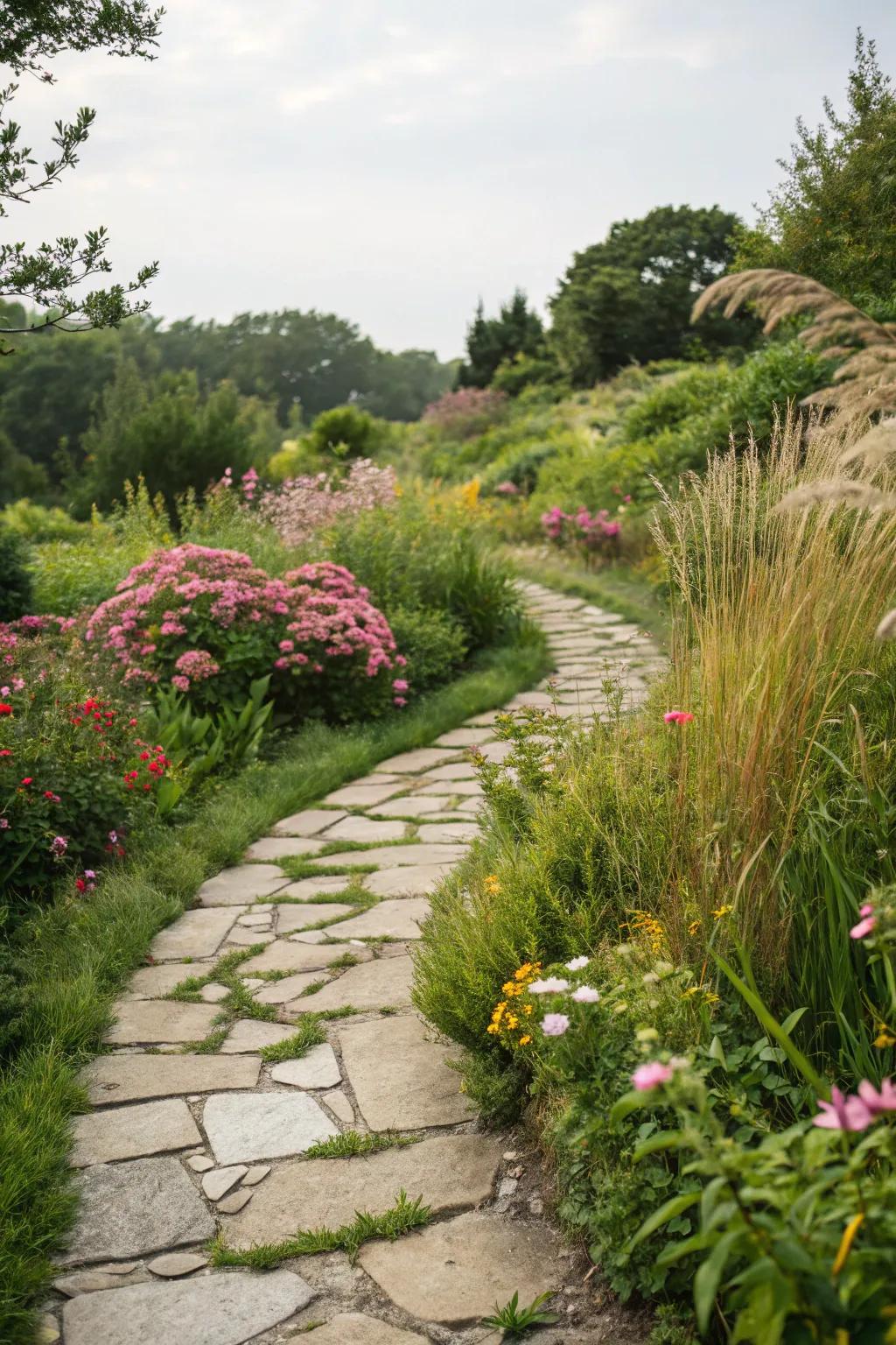 An appealing stone path meandering through a lush garden.
