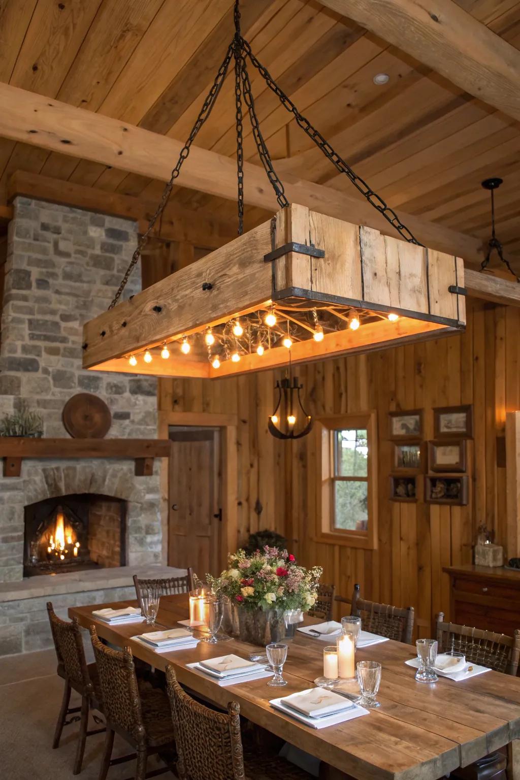 A marvelous beamed timber luminaire enriches this dining space with a country sophistication.