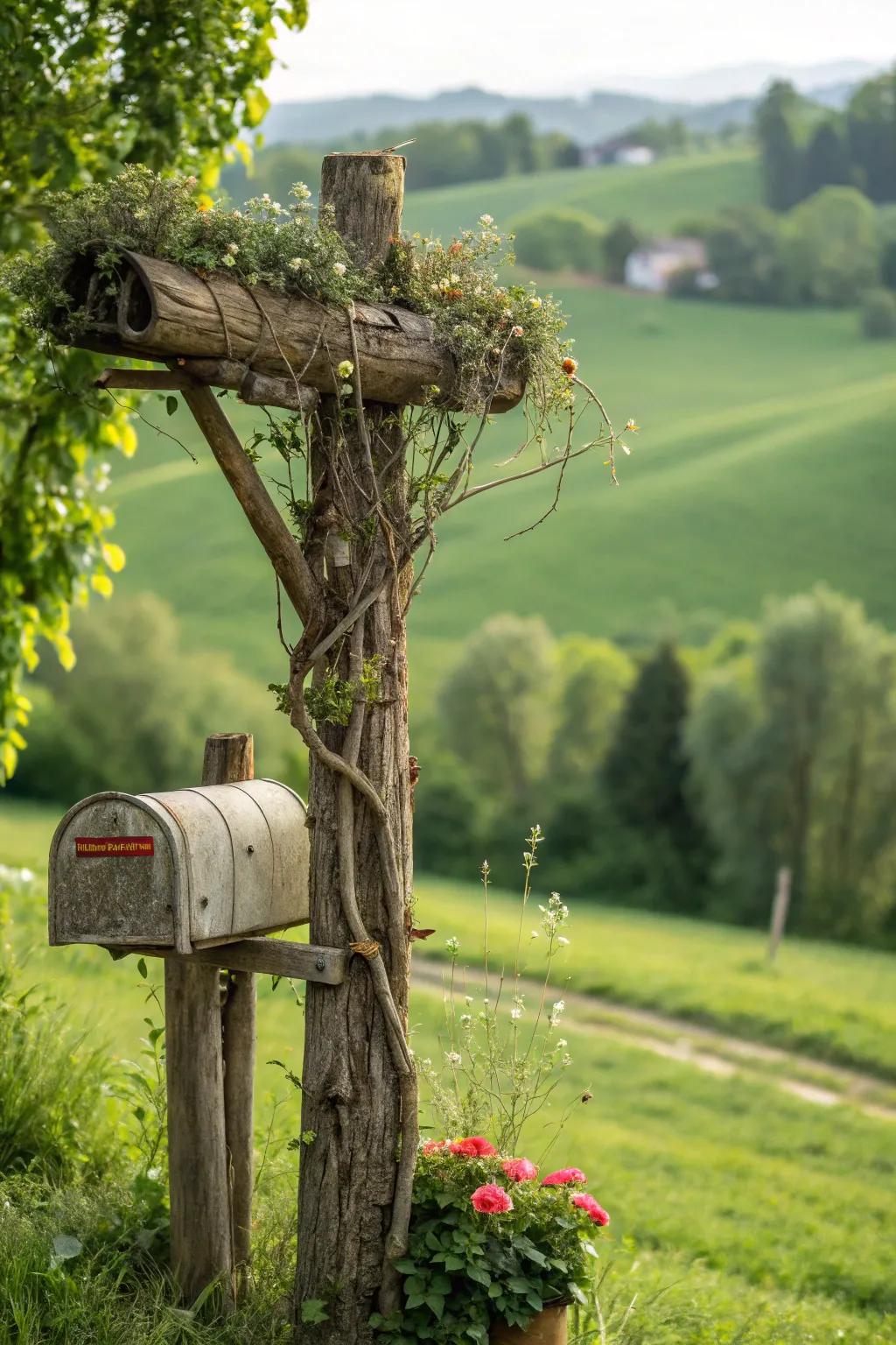 A mailbox support hewn from logs and branches radiates an earthy elegance.