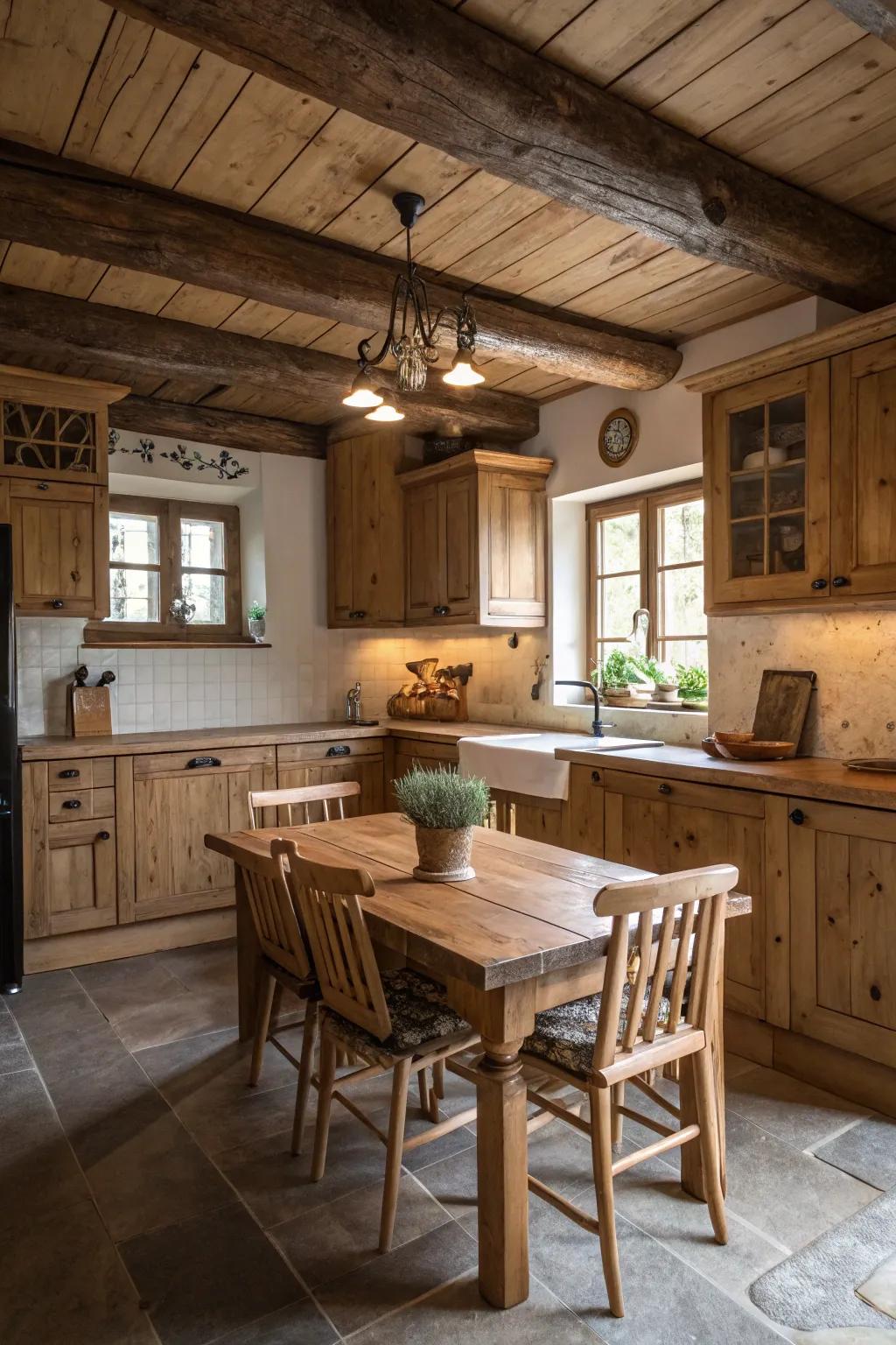 Natural wood cabinetry and countertops give this country kitchen its inviting feel.