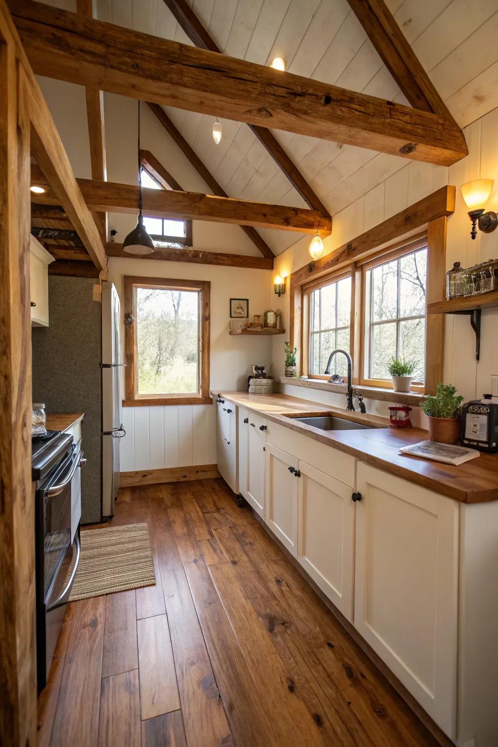 A welcoming kitchen showcasing exposed timber beams and luxurious hardwood flooring.