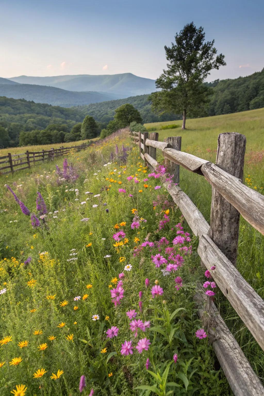 A rail fence embraced by a vibrant wildflower meadow.