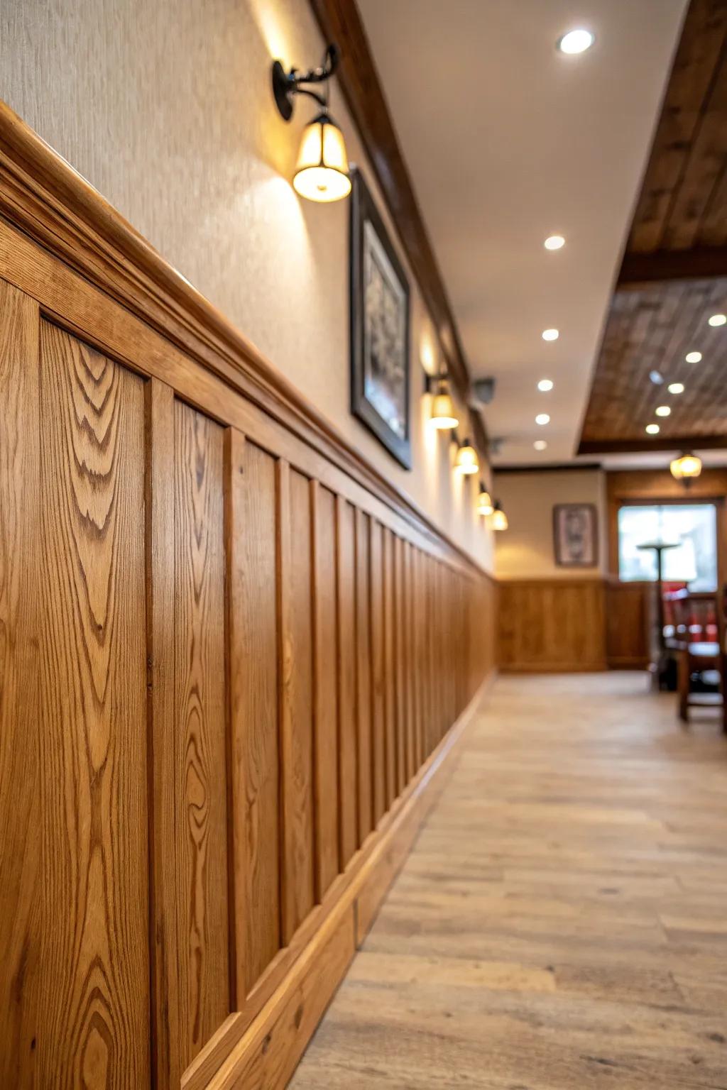 Raw wood wainscoting showcases the exquisite texture and countryside allure.