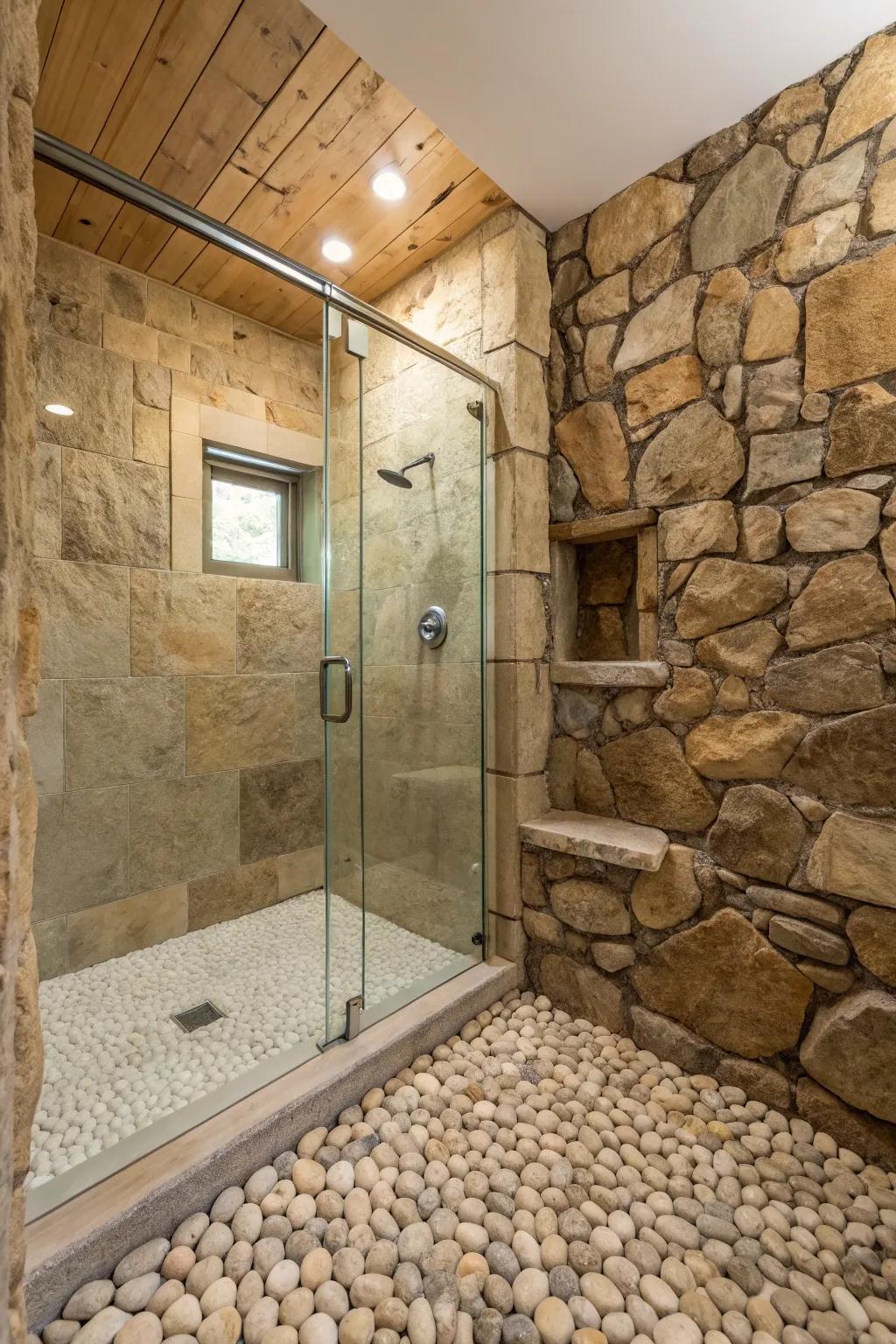 Walls of genuine stone introduce an earthy sophistication to your shower space.