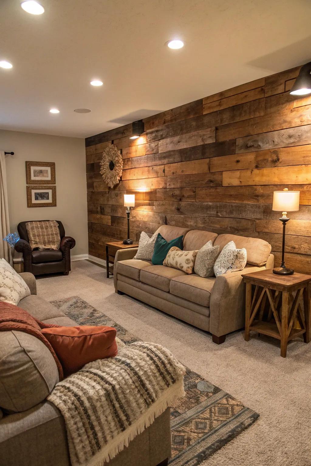 A living area showcasing a upcycled timber feature wall, serving as a compelling centerpiece.