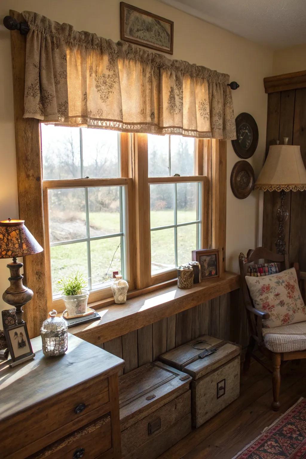A country-style window valance crafted from reclaimed barn wood, enriching a cozy living area with depth and historical essence.