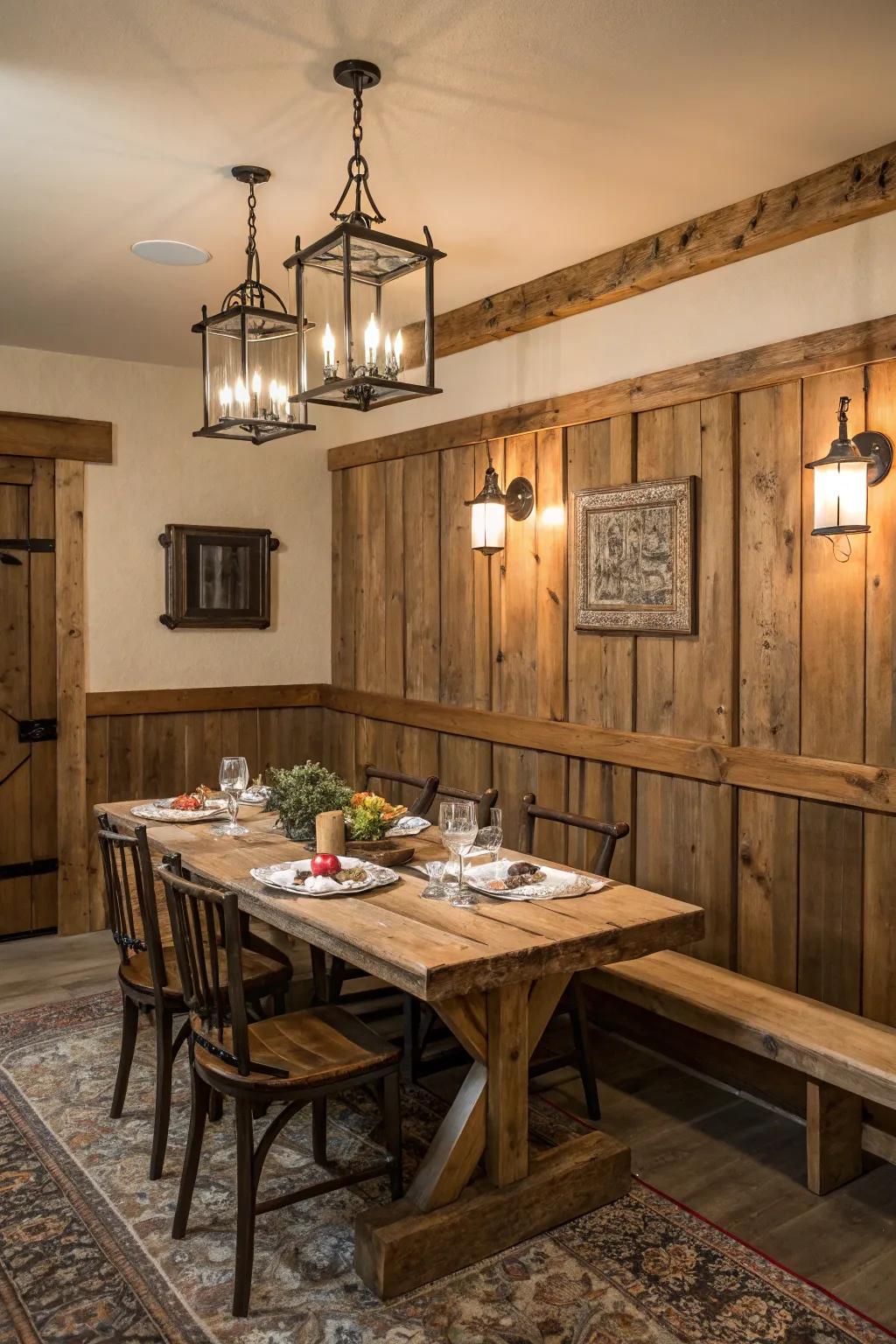 Salvaged timber wainscoting enriches your dining space with distinctiveness and history.