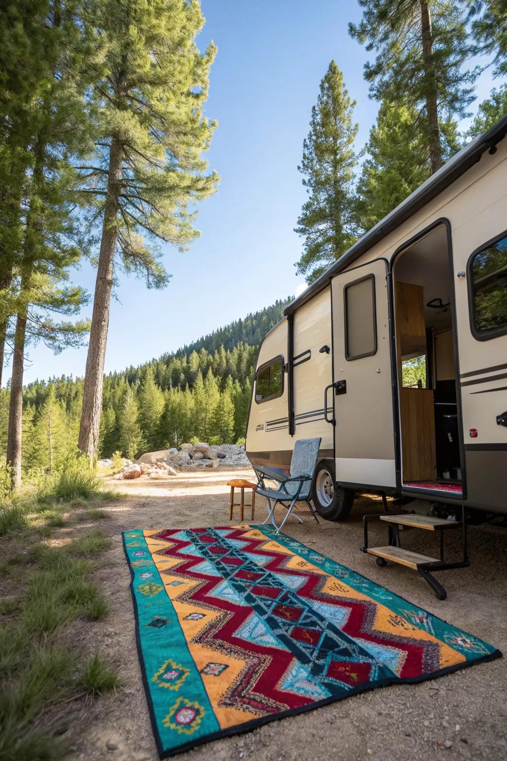 An outdoor ground covering adds warmth and style to your RV campsite.
