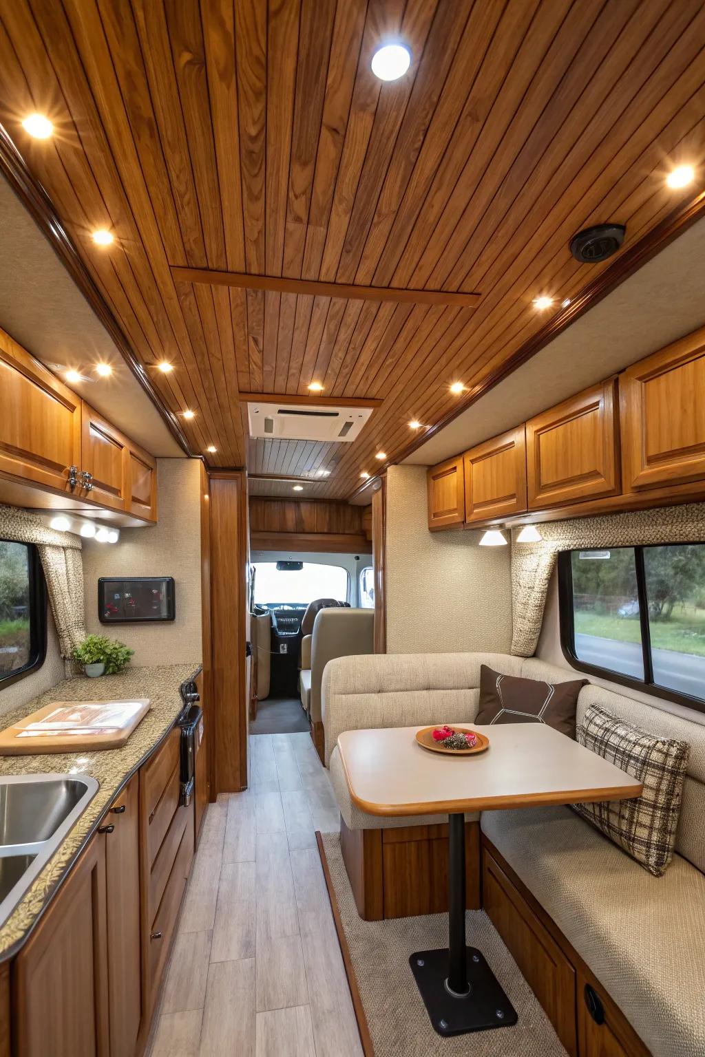 Timber cladding bestows a countryside charm upon your RV, reminiscent of an intimate cabin.