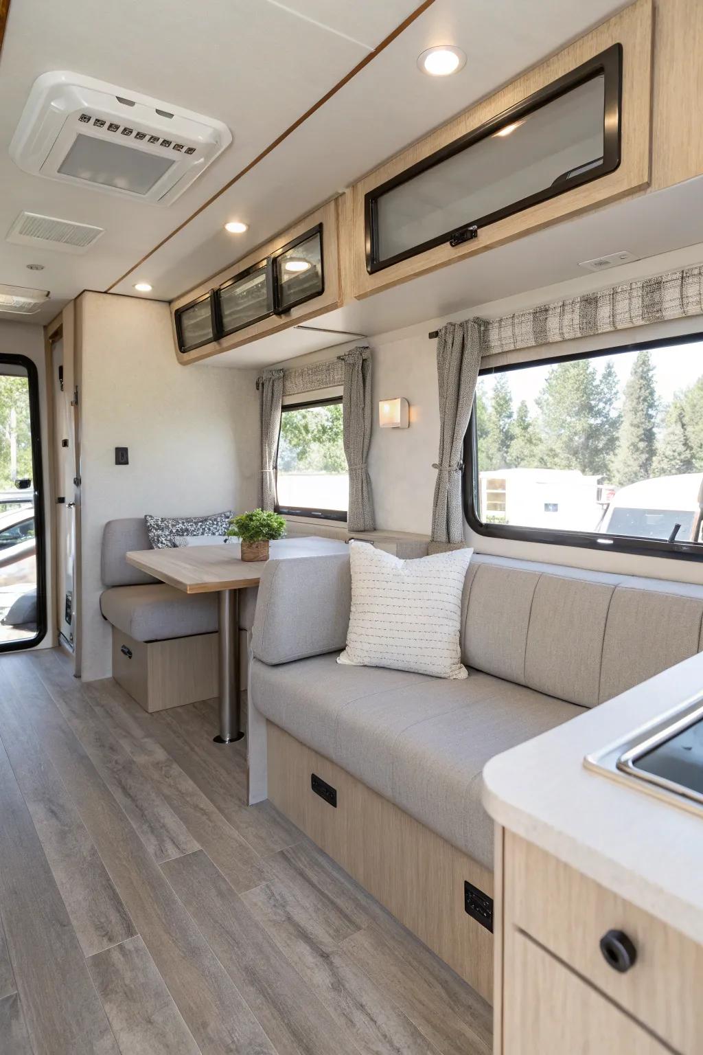 The interior of an RV showcases a modern, neutral palette that amplifies both space and illumination.
