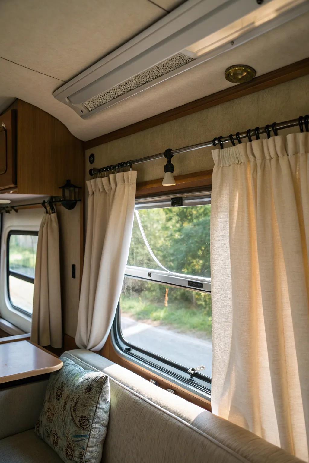 Effortless style: tension rod curtains add charm to any RV.