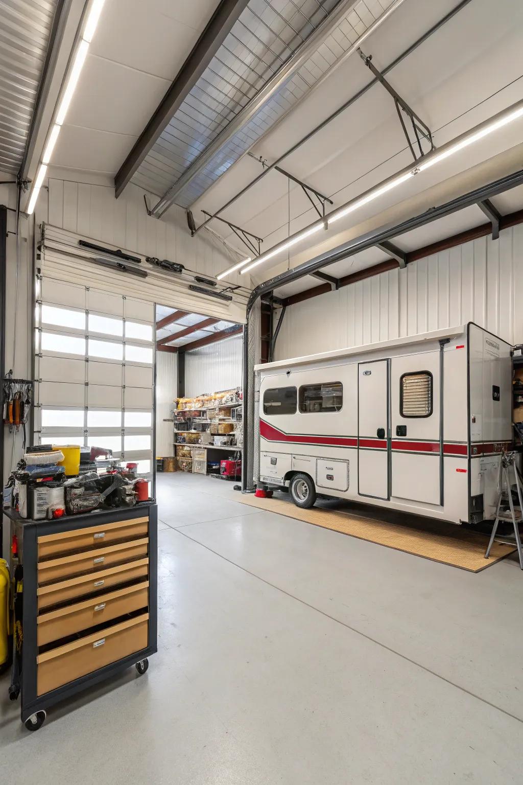 The height of RV garages allows for inventive vertical storage setups.
