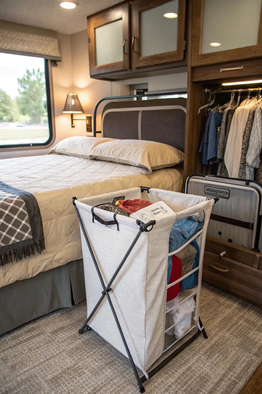 Folding hamper conveniently stowed under an RV bed.