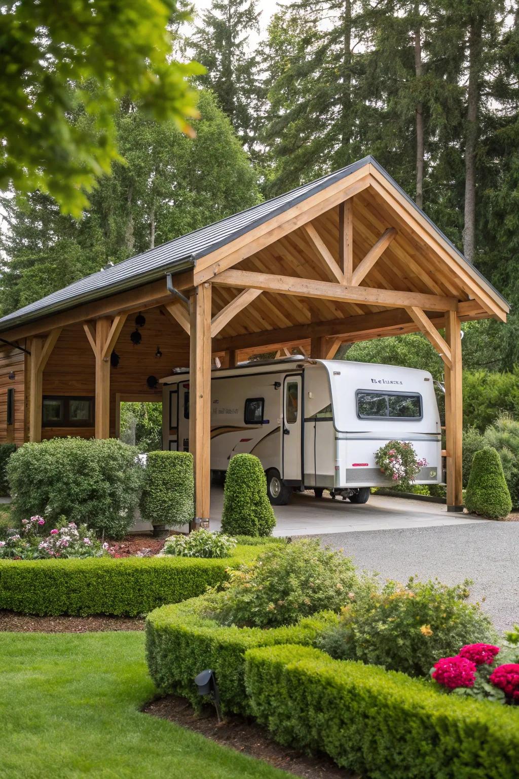 An open-ended RV shed offering both protection and accessibility.