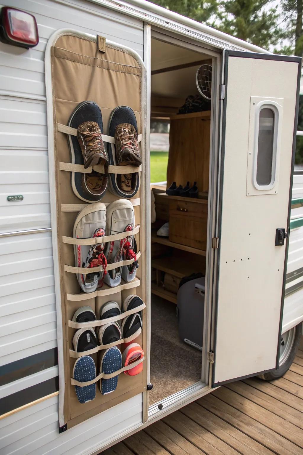 Change your RV door into a shoe paradise using a hanging organizer.