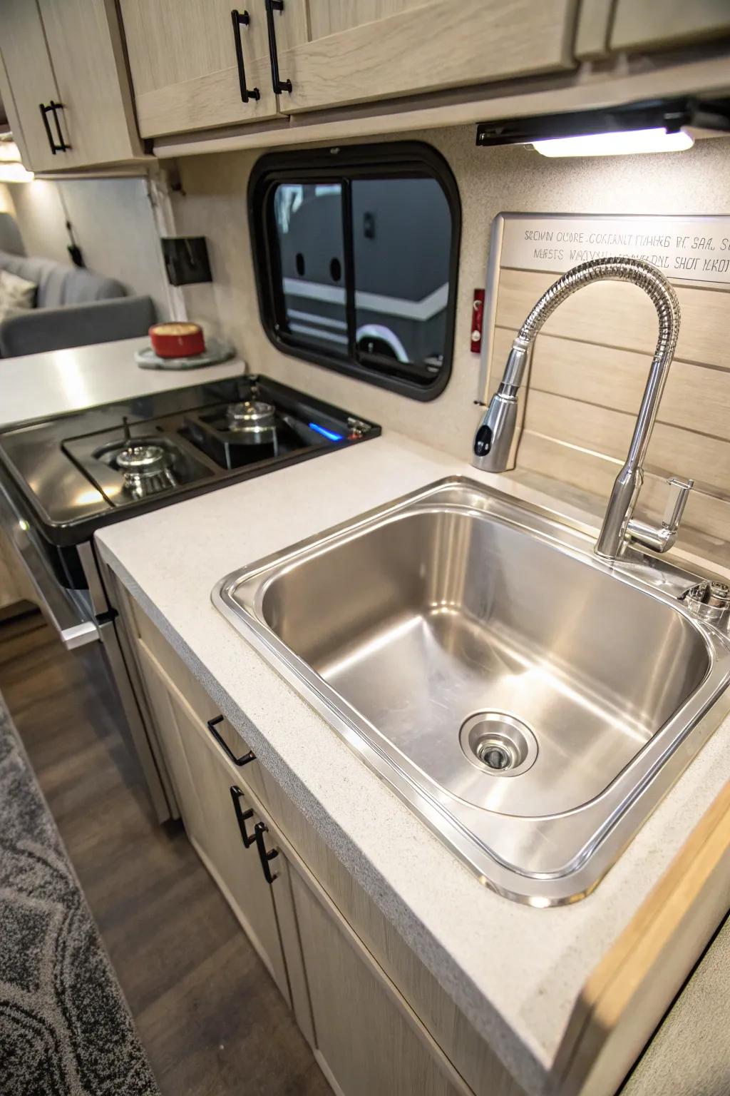 A small-scale stainless steel basin in an RV cooking area.