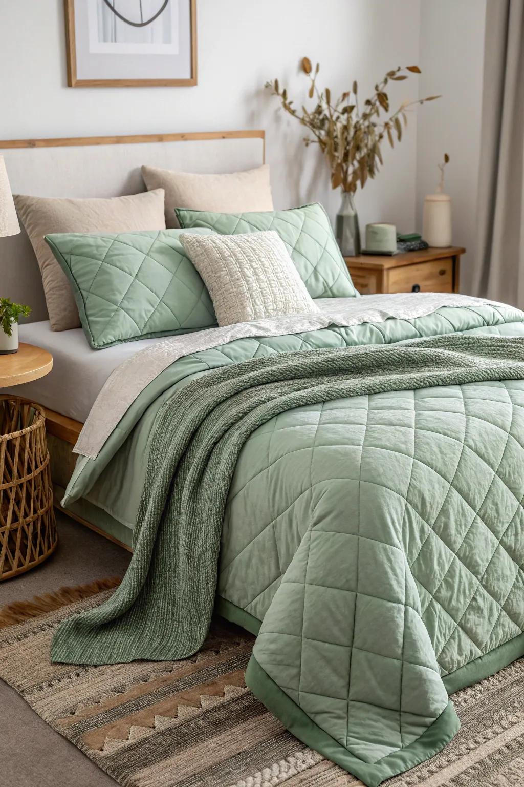 Add dimension to your bedroom by layering pale green bedding.